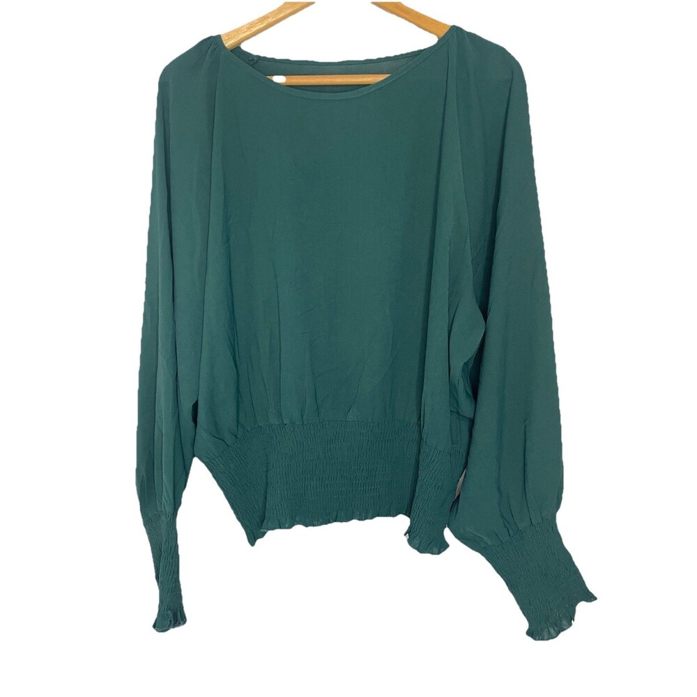 Emerald Green Chiffon Peasant Sleeve Long Sleeve Top Blouse Women's XL